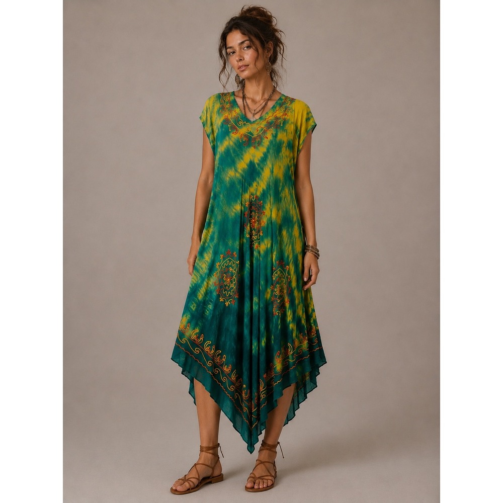 Ace Fashion Tie Dye Dress Boho Hippie Festival Green Yellow Rayon Large
